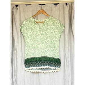 Boho Green Floral Blouse Petite Small Tassel Hem Lightweight Cotton Blend Festiv